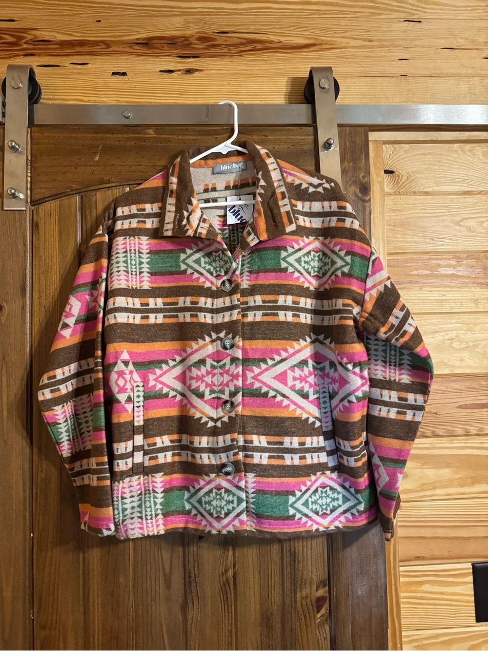 Aztec-Pattern Utility Jacket in Brown, Pink & Green
